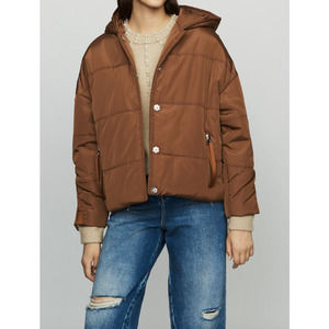 MAJE GUELI Cropped Brown Hooded Puffer